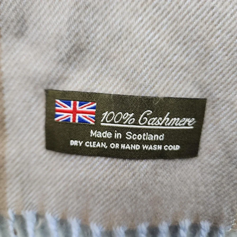 Cashmere Scarf Mens One Size Blue Brown Plaid Fringe Made In Scotland Winter